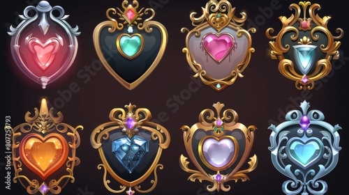 Decorative metallic frame for game avatars or menu banners. Round and heart-shaped border with curling edges and gemstones. Cartoon modern illustration set of medieval framework designs.