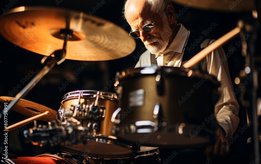 Naklejka premium A man is playing drums in a dark room. He is wearing a vest and glasses. The drums are in front of him and there are two other drums in the background