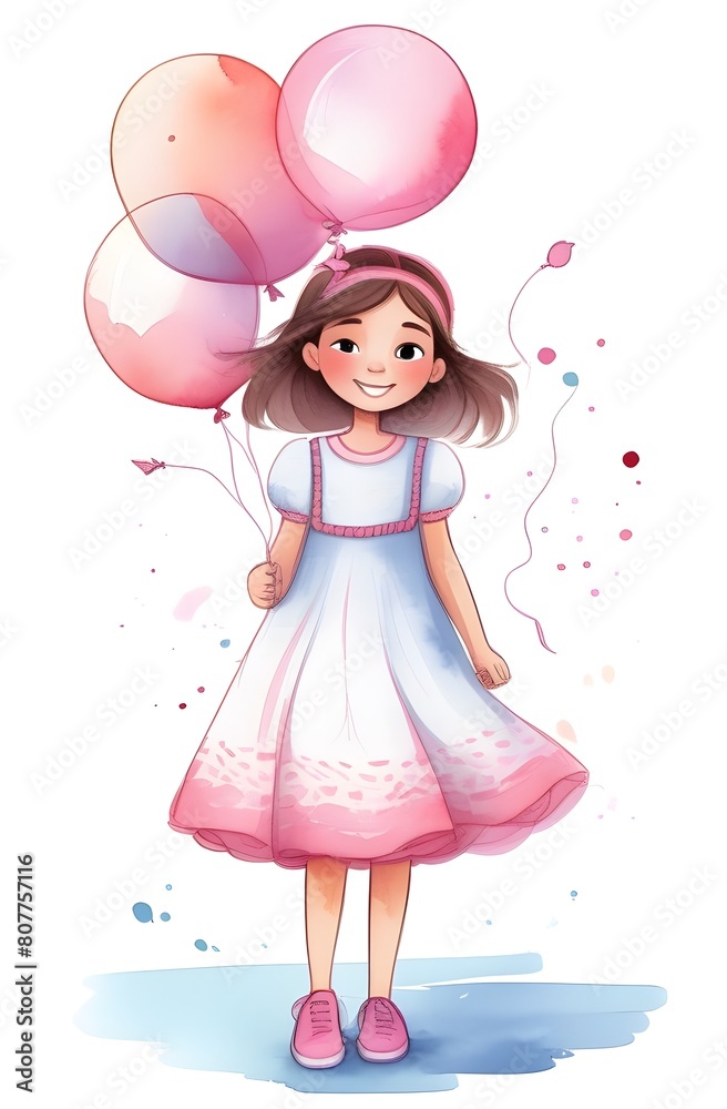 Hand drawn beautiful, cute, little girl is flying on balloons. illustration.