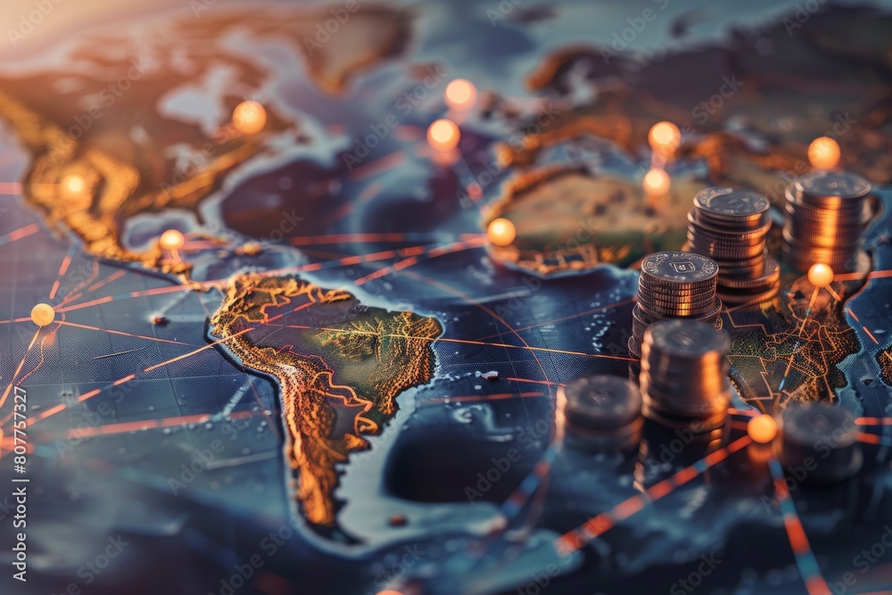 Close up photo of close up on map with finance money connections and cities