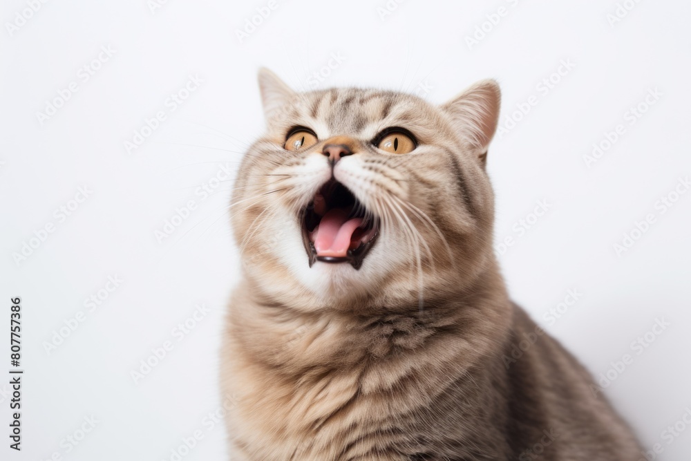 Environmental portrait photography of a smiling scottish fold cat yawning isolated on minimalist or empty room background Environmental portrait photography of a smiling scottish fold cat yawning isolated on minimalist or empty room background