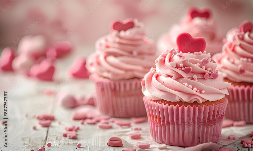 Pink Cupcakes with Love Heart Decorations, Generative AI Pink Cupcakes with Love Heart Decorations, Generative AI