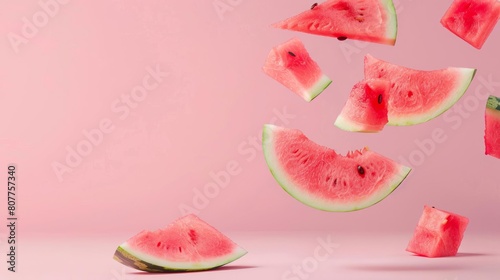 levitating Watermelon cutted pieces, separated, pastel color background, professional studio photography, hyperrealistic, minimalism, negative space, high detailed, sharp focus