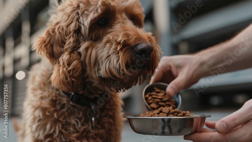 Dog owner pours food for Goldendoodle
