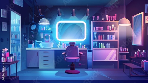 A dark beauty salon interior is lit with lamps  hair cutting and styling equipment  and an office for a manicure specialist. Inside  there is an armchair  a mirror  sink  and cosmetics on a shelf.