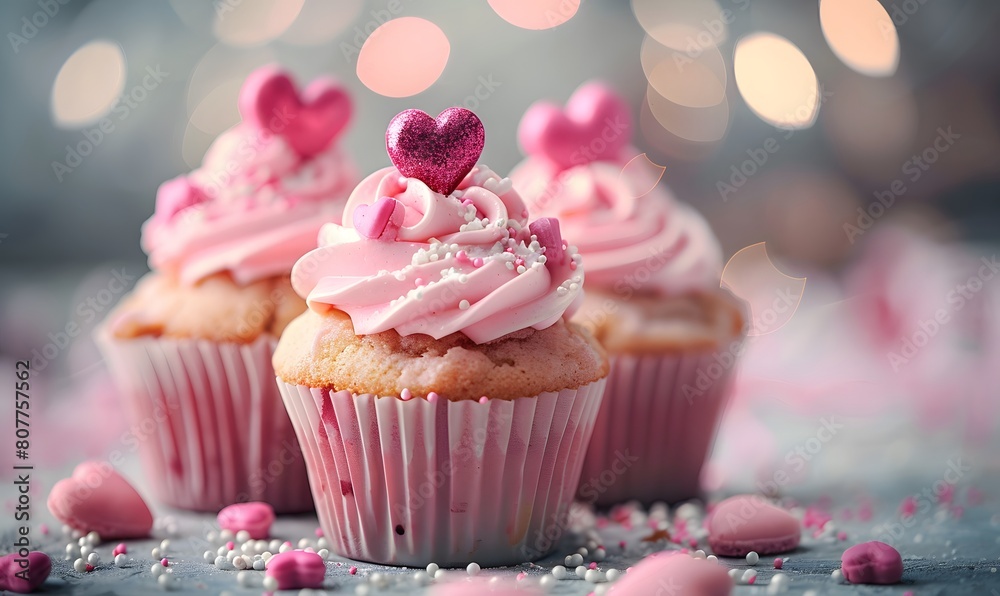 Pink Cupcakes with Love Heart Decorations, Generative AI