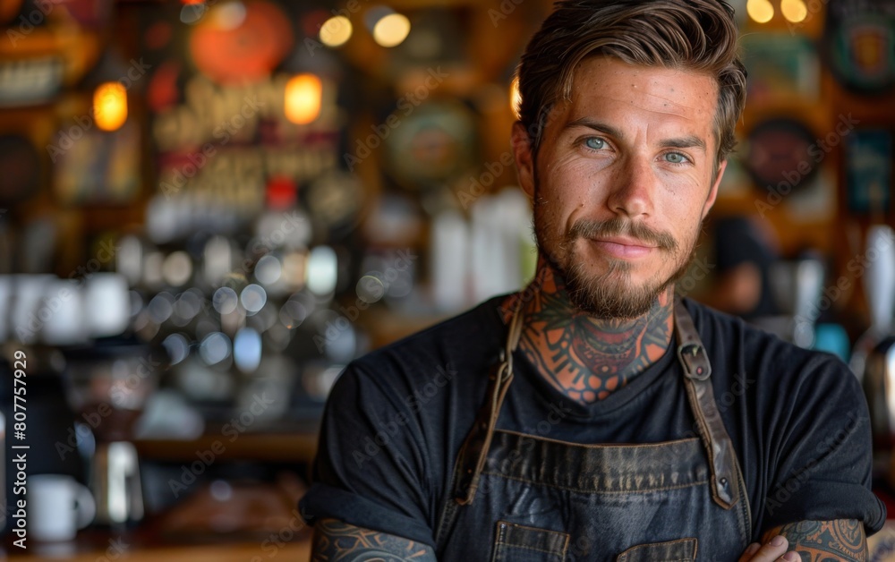 Fototapeta premium A man with a beard and tattoos stands in front of a counter with a smile on his face