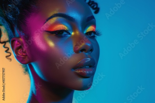 High fashion studio portrait of a young African American woman, beautiful makeup, luxurious style.