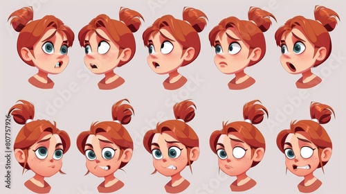 An animated cartoon set of pigtailed girl with different lip positions while saying the English alphabet letters. photo