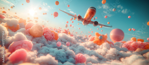 Summer flight. 3D render of an airplane flying through sky with fluffy clouds and colorful spheres. Surrealistic landscape rendered in the style of C4D. Pastel pink and orange, bright sky background