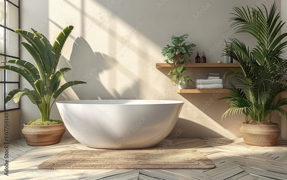 Fototapeta premium A bathroom with a large white bathtub and a shelf with potted plants. The bathroom has a modern and clean look
