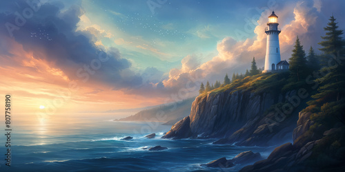A serene coastal scene with a lighthouse perched on a rocky outcrop, overlooking the ocean at sunset.