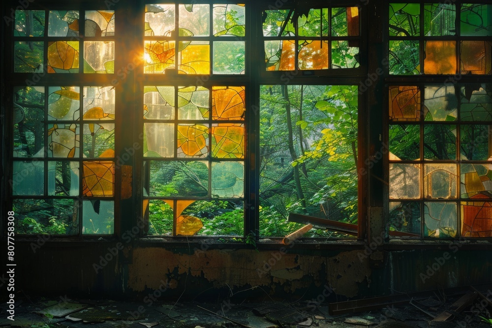 Outdoor photo of a room covered with broken stained glass in the forest among abandoned greenery, the forest is visible through the windows