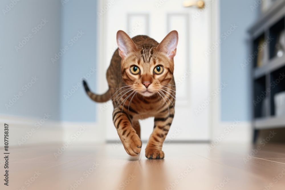 Lifestyle portrait photography of a funny ocicat hopping on minimalist or empty room background Lifestyle portrait photography of a funny ocicat hopping on minimalist or empty room background