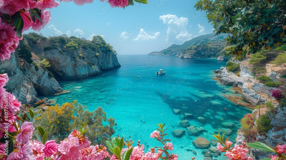Naklejka premium Bright spring view of the Cameo Island. Picturesque morning scene on the Port Sostis,