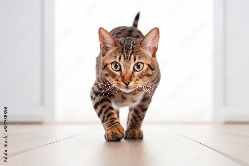 Lifestyle portrait photography of a funny ocicat hopping over minimalist or empty room background Lifestyle portrait photography of a funny ocicat hopping over minimalist or empty room background