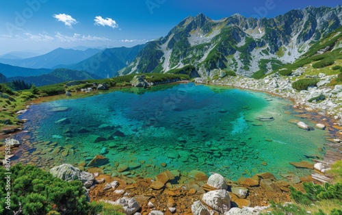 A large body of water surrounded by mountains. The water is clear and calm, and the mountains in the background create a serene and peaceful atmosphere
