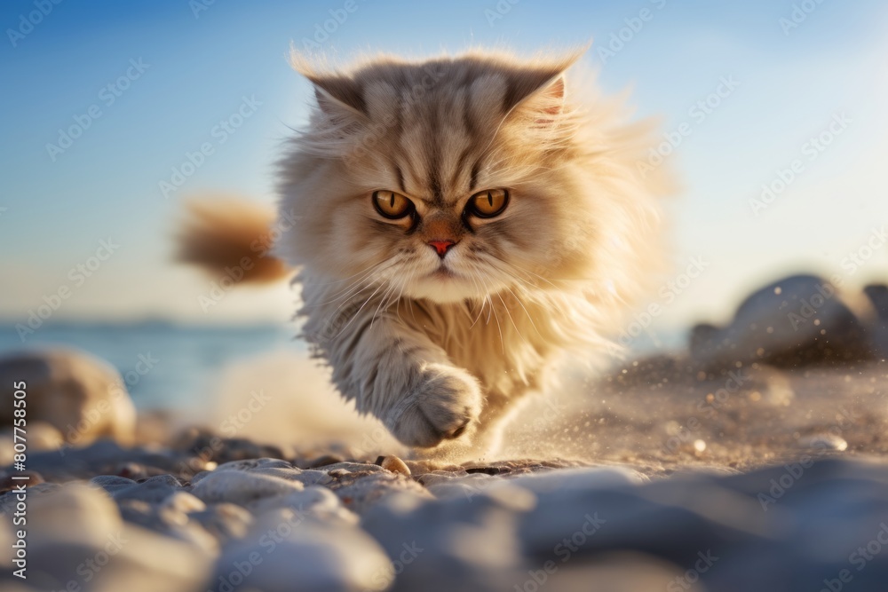 Lifestyle portrait photography of a curious persian cat sprinting isolated on beach background Lifestyle portrait photography of a curious persian cat sprinting isolated on beach background