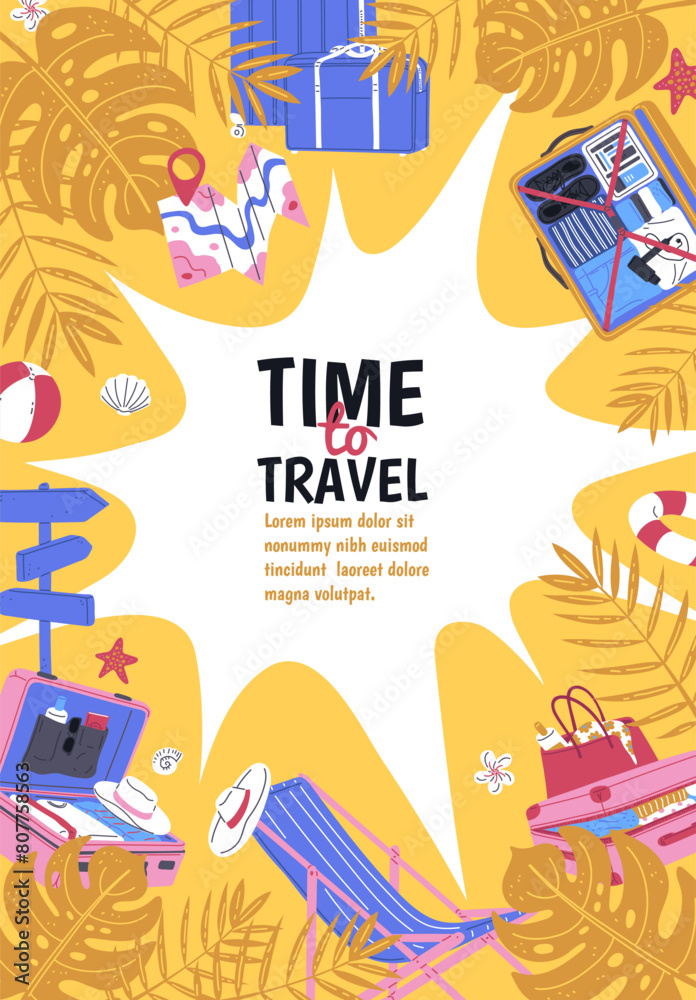 Naklejka premium Time to travel vector flat poster, travel bag, luggage, map and beach accessories on the background of tropical leaves