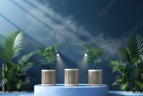 Three evaporative air cooler on podium, blue wind, plants, and spotlight photo