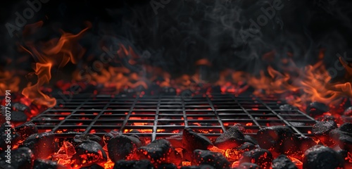 Hot charcoal grill ready for barbecue. Empty BBQ grill with glowing coals. Summer cooking concept. Outdoor grilling, close-up view. AI photo