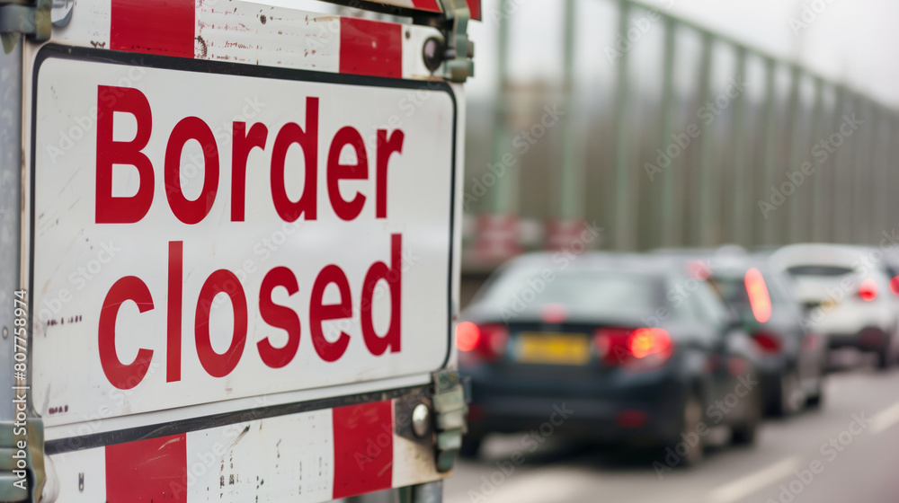 Border closed sign with blurred cars background at customs checkpoint ...