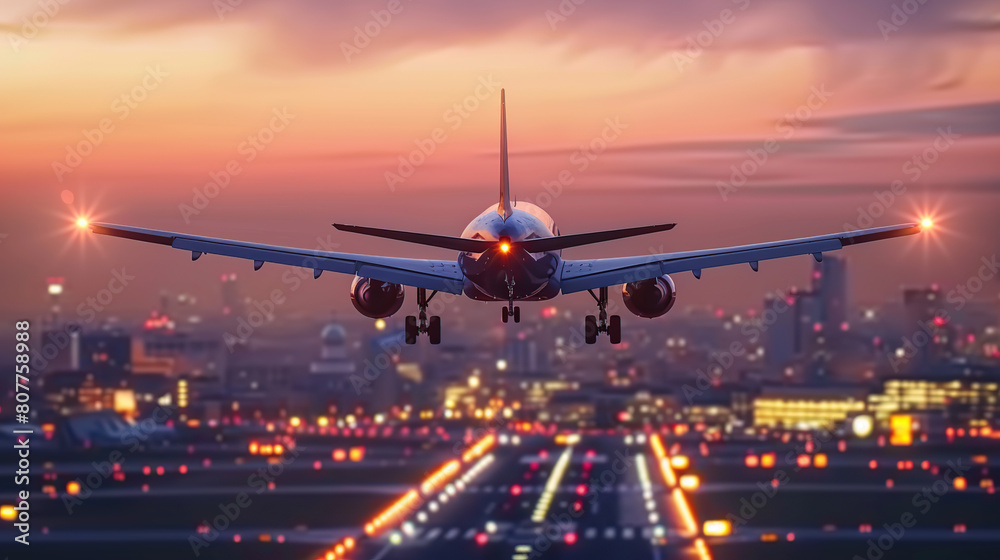 A civil aviation aircraft preparing to land over the city A civil aviation aircraft preparing to land over the city