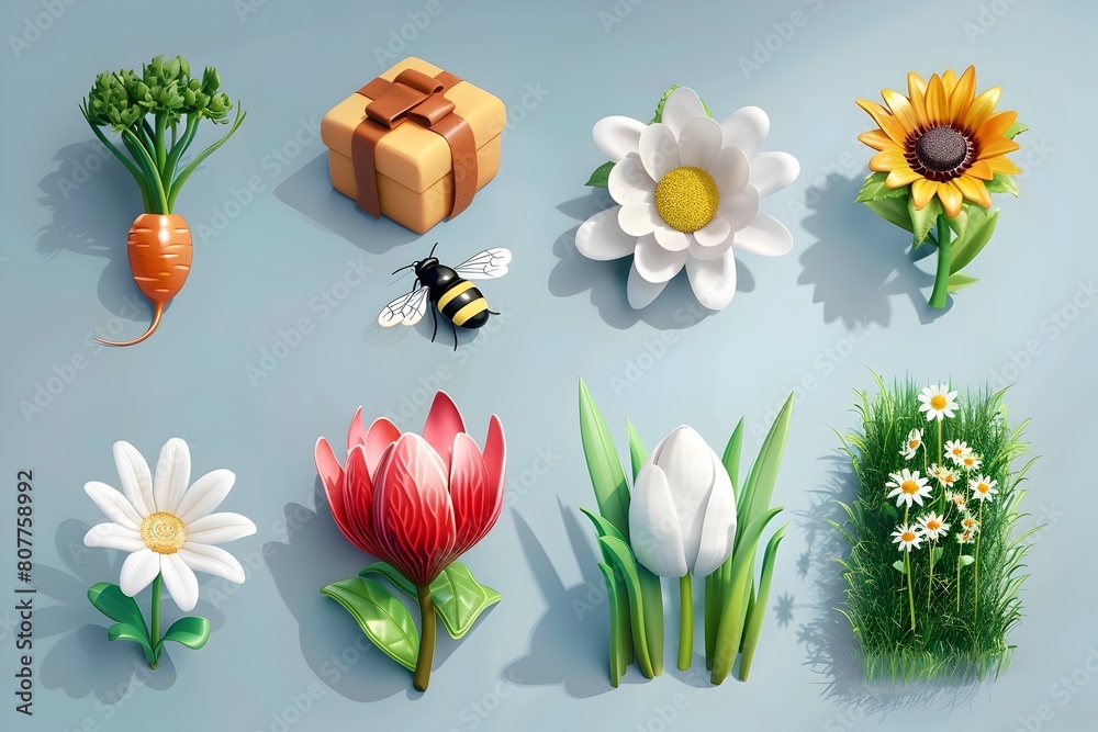 Obraz premium Spring 3D Rendering Cartoon Icon Set with Ladybug Gift Box Bee Carrot Magnolia Flower Green Grass