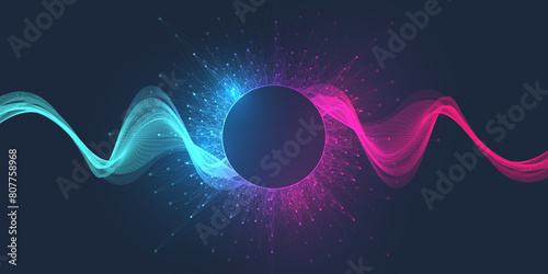 Scientific illustration quantum computer technology. Plexus fiction effect. Deep learning artificial intelligence. Big data algorithms visualization. Quantum explosion background.