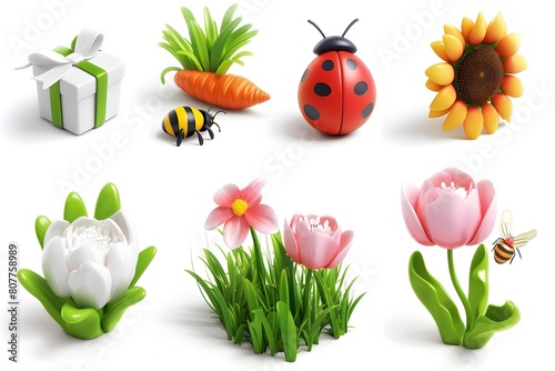 Vibrant Spring Icons and Elements in Cartoon 3D Rendering Style