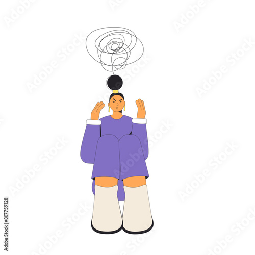 Angry young woman sitting on the floor isolated on white background. Mental disorder character. Teenage girl with ADHD. Frustrated person. Vector flat illustration
