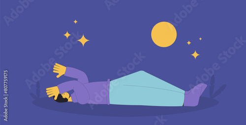 Insomnia concept. Tired young man can't sleep at night. Mental disorder character. Teenager with stress. Frustrated person. Vector outline illustration.