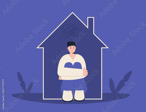 Loneliness or depression. Sad young man sitting at home and suffering. Problems with communication mental disorder character. Teen boy with stress. Avoiding social contact. Vector illustration