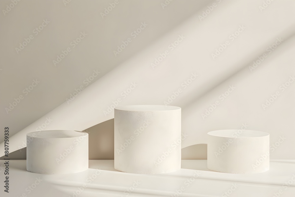Three Clean and Minimal White Cylindrical Podiums for Product Showcase Three Clean and Minimal White Cylindrical Podiums for Product Showcase