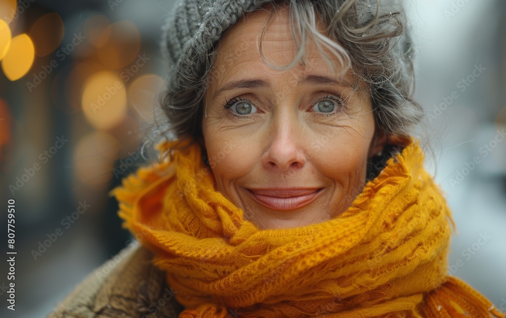 A woman wearing a yellow scarf and a gray hat. She is smiling and looking at the camera A woman wearing a yellow scarf and a gray hat. She is smiling and looking at the camera