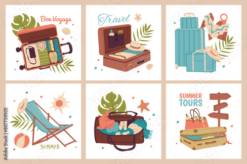 Set of posters with travel equipment and tropical decor.