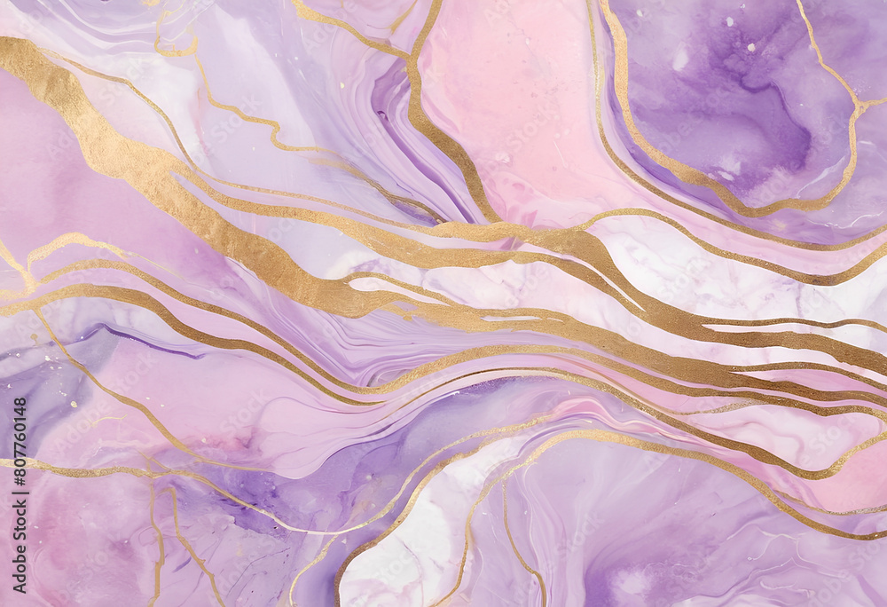 Fototapeta premium a purple and gold colored marble with the gold swirls on the top. 