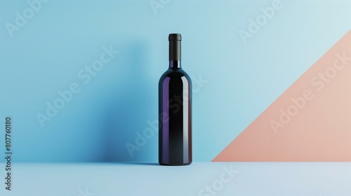 Wine bottle mockup background, simple elegance, dark wine bottle on two-tone background, austere severe stark restrained subdued