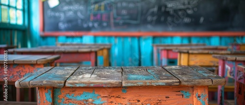 Detailed view of old wooden desks in the children classroom