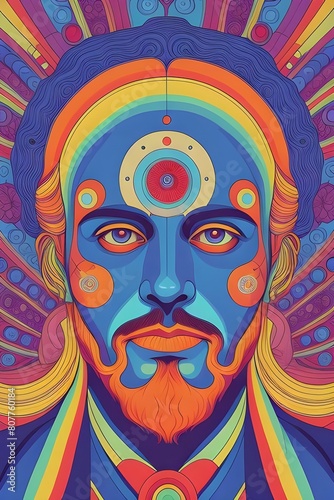 a psychedelic rock and roll music gig poster from the 1970s featuring a strange man with serious look on his face