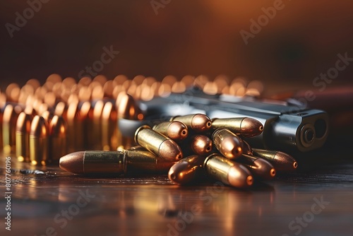 Handgun and Bullets on Wooden Table in Warm Light photo