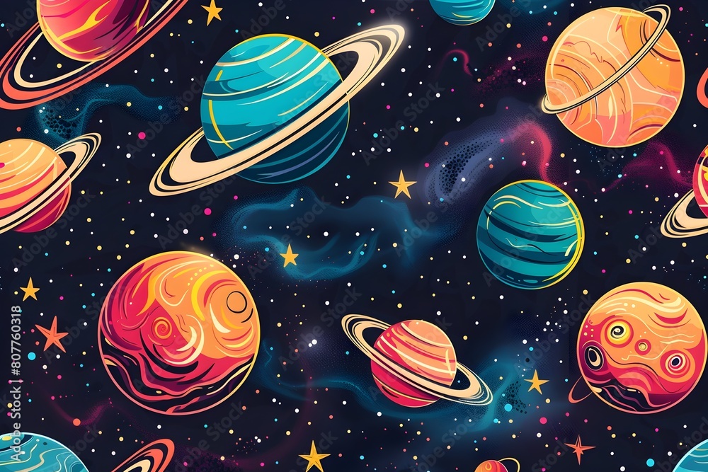 Vibrant Cosmic Pattern of Colorful Planets and Galaxies on a Dark Celestial Background Ideal for