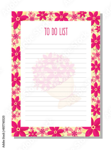 Planner, to do list, organizer with flowers, leaves, bouquet.