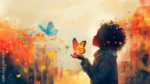 Kindness, melancholy and hopefulness, girl releasing butterfly in orange, gray silver gold copper bronze