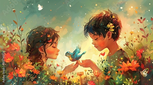 Kindness, two children are releasing bird in garden full of flowers, tranquil calm relaxing soothing gentle