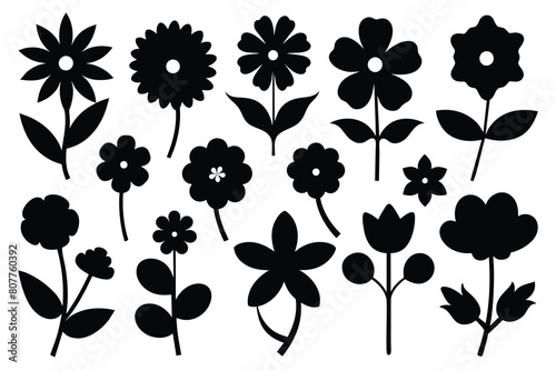 Set of Flowers black Silhouette Design with white Background and Vector Illustration