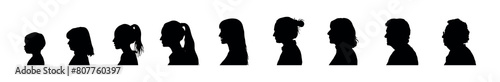 Woman life cycle from child to elderly vector isolated silhouette set. Female person life stages face profile side view black silhouette vector collection.