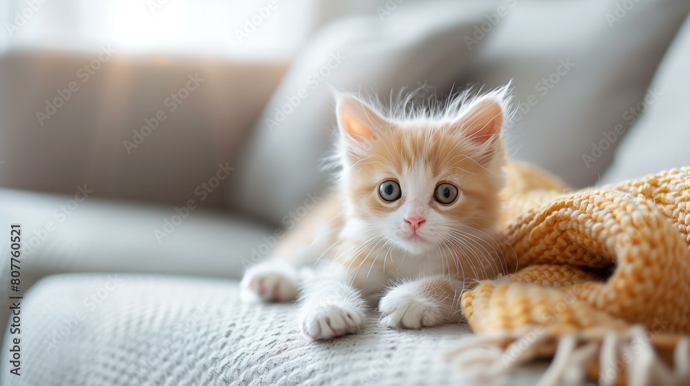 Obraz premium Cute ginger kitten wrapped in yellow blanket on couch, home innocent kitten kitty little
