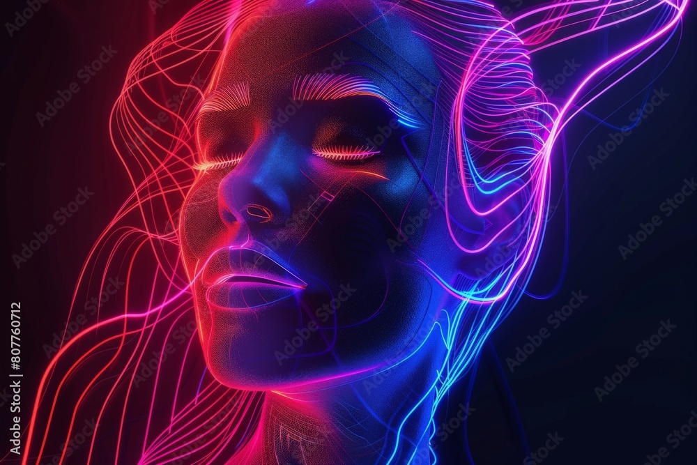 3d render, abstract linear art portrait of a woman, glowing with colorful neon light over black background 3d render, abstract linear art portrait of a woman, glowing with colorful neon light over black background