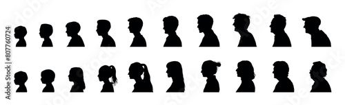 Man and woman life stages aging process vector black silhouette set collection. Human life cycle from newborn to retirement face profiles silhouette set on isolated white background. 